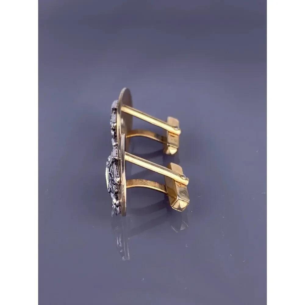 Antique Car Buggy Cufflinks Gold Silver Tone Convertible Oval Anson Vintage